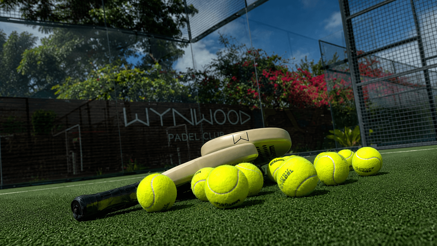 Padel racket and balls on the court turf with club signage and bougainvillea in the background